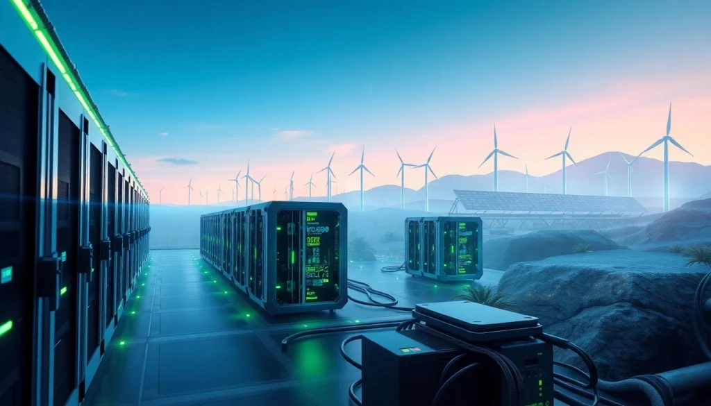 Crypto mining facility utilizing renewable energy sources and advanced technology.