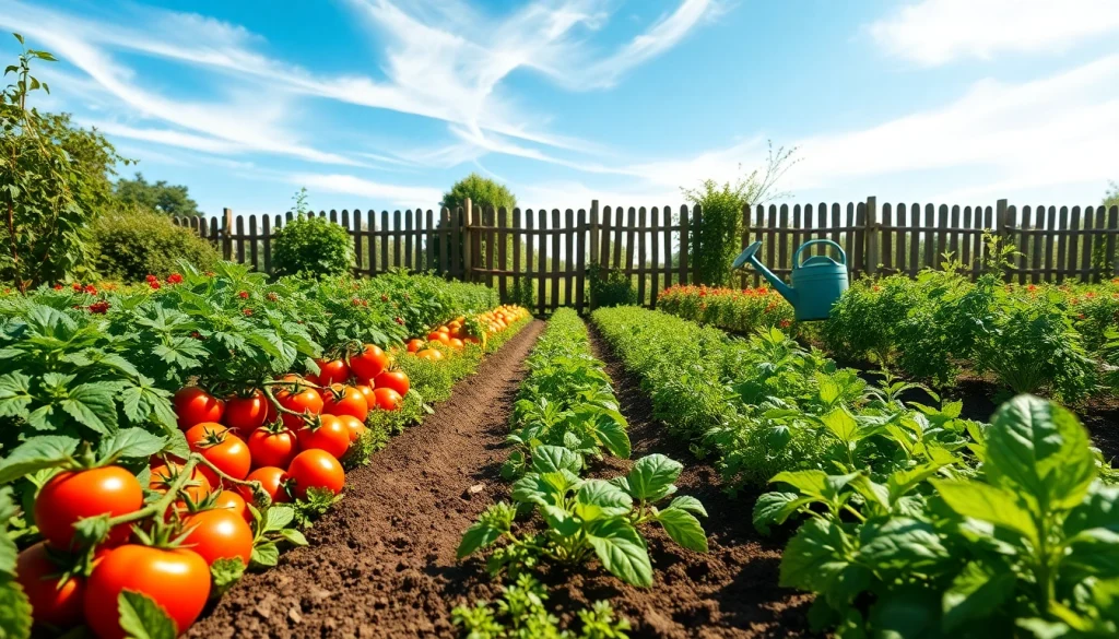 Gardening scene showcasing vibrant vegetable plants in a lush garden with tools.