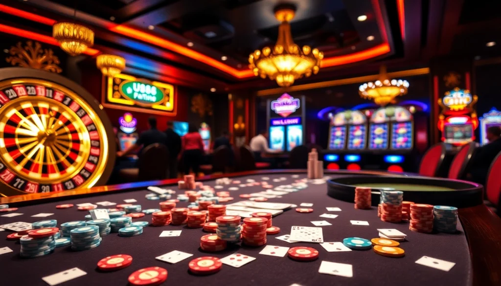 Win big at U888 with an exhilarating casino scene featuring poker chips and roulette action.