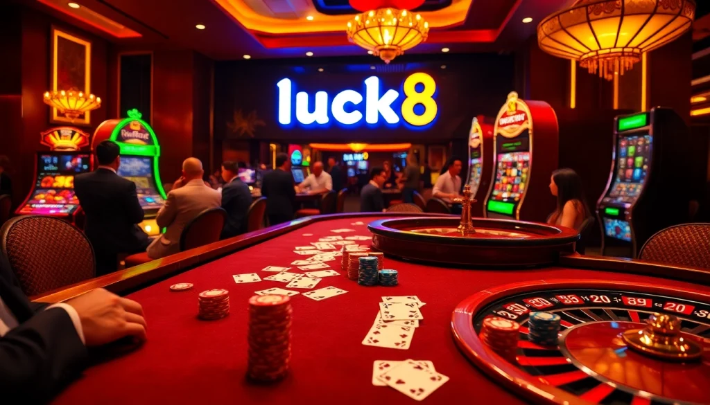 Players enjoying high-stakes games at luck8 casino with vibrant tables and slot machines.