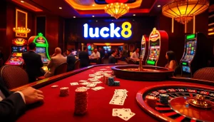 Players enjoying high-stakes games at luck8 casino with vibrant tables and slot machines.