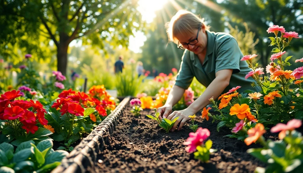 Gardening enthusiast planting in a vibrant garden filled with flowers and greenery.