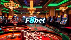 F8bet gaming floor with lively roulette tables and poker action, showcasing excitement in a luxurious casino.
