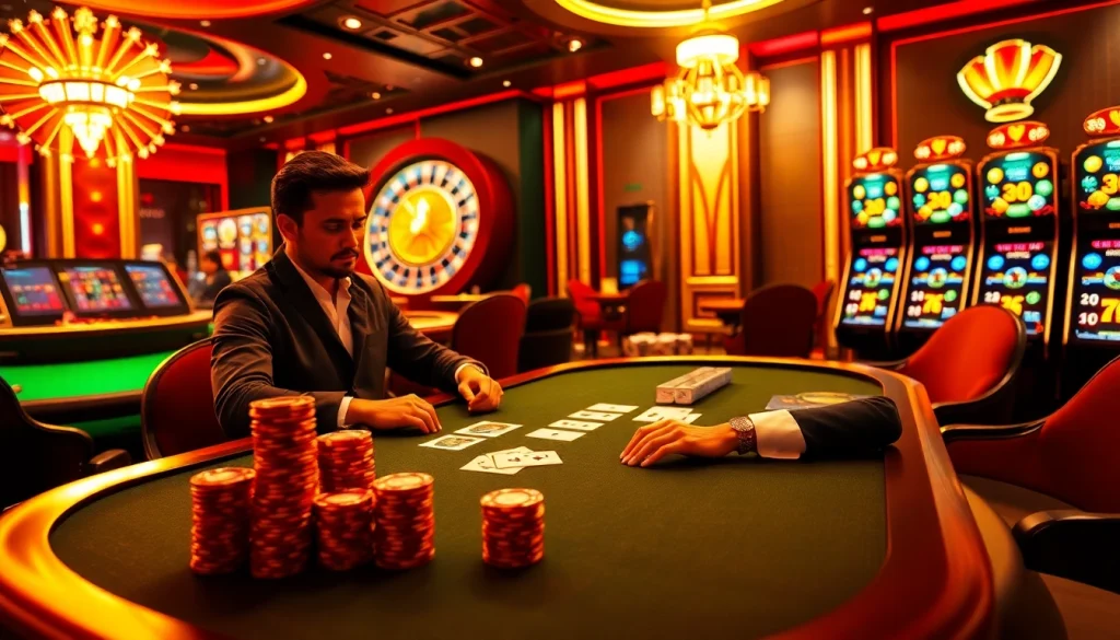 Kubet77 player strategizing at a high-stakes poker table with vibrant casino elements.