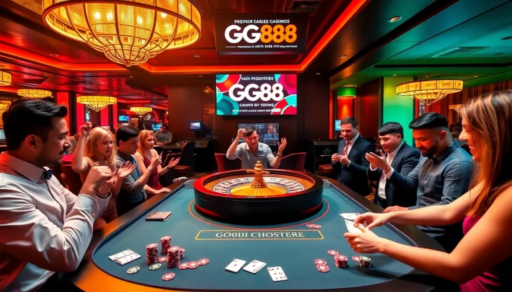 Gamblers enjoying the excitement of roulette at GG88 casino, surrounded by colorful chips and promotional displays.