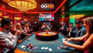 Gamblers enjoying the excitement of roulette at GG88 casino, surrounded by colorful chips and promotional displays.
