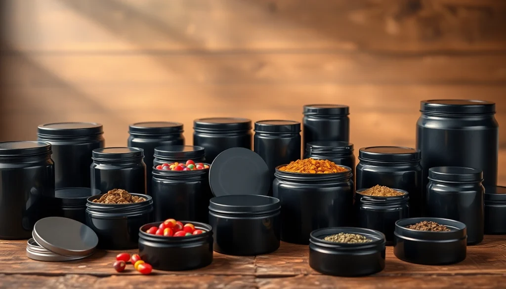 Stylish black tins showcasing varied contents for candies and teas on a rustic table.