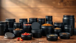 Stylish black tins showcasing varied contents for candies and teas on a rustic table.