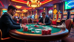 Professional poker players engaging at a table, featuring GO8 casino elements.