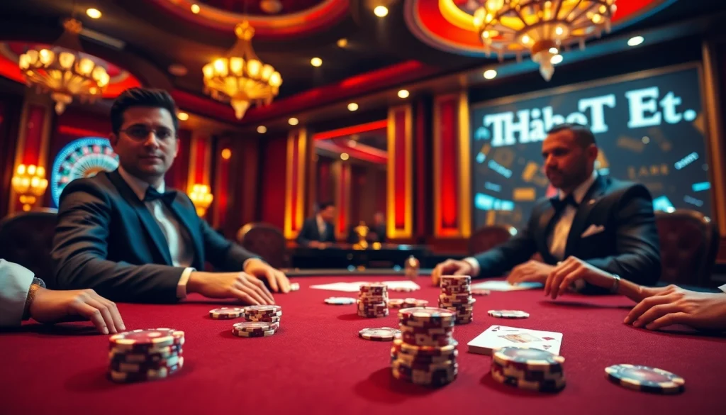 Experience a thrilling game at THABET's high-stakes poker table with vibrant lighting and luxurious decor.