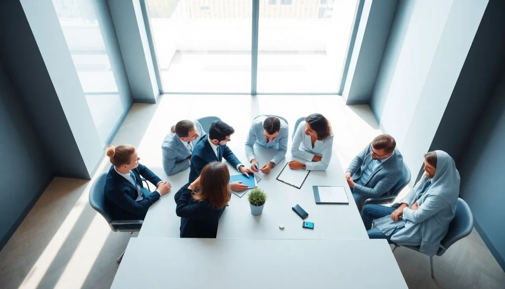 Business agency team collaborating in a modern conference room, showcasing teamwork and innovation.