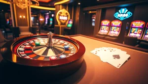 Experience the excitement of RR88 with a vibrant casino scene featuring roulette and poker elements.