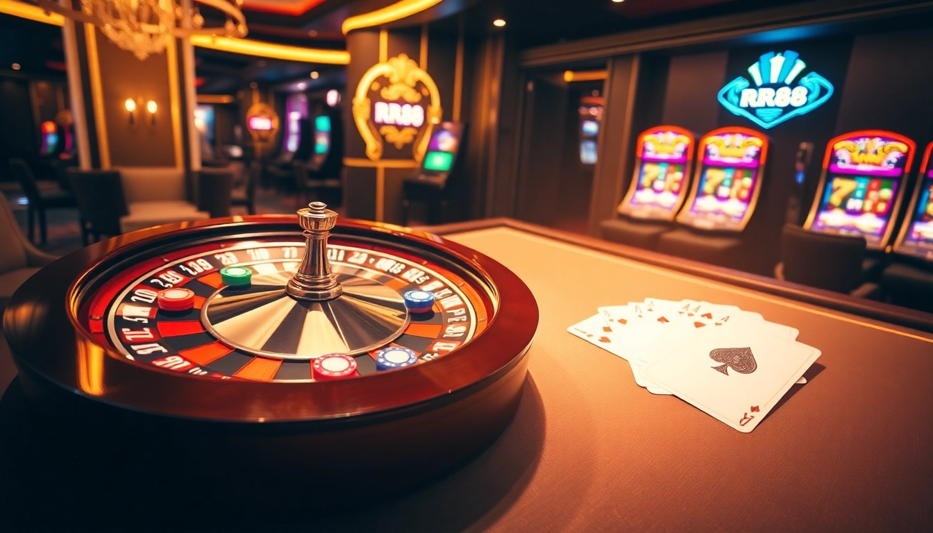 Experience the excitement of RR88 with a vibrant casino scene featuring roulette and poker elements.