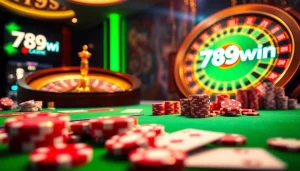 Experience the thrill of gambling with 789win at a vibrant casino table featuring poker chips and a roulette wheel.