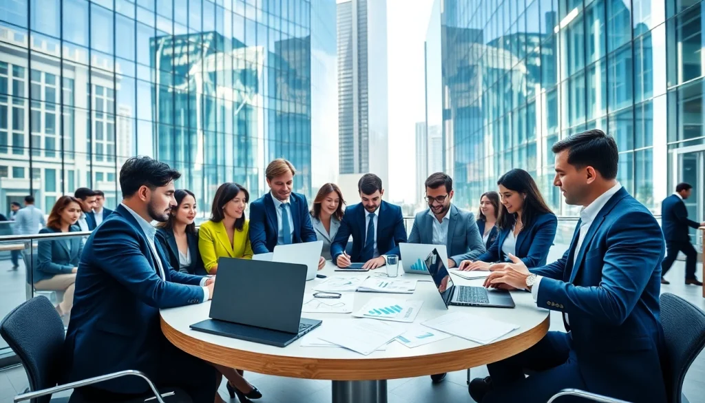 Business professionals collaborating in a vibrant urban office setting, showcasing teamwork.