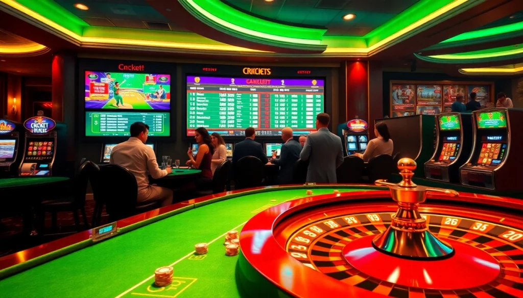 Placing bets on cricket at the vibrant Crickex betting area with enthusiastic gamblers.