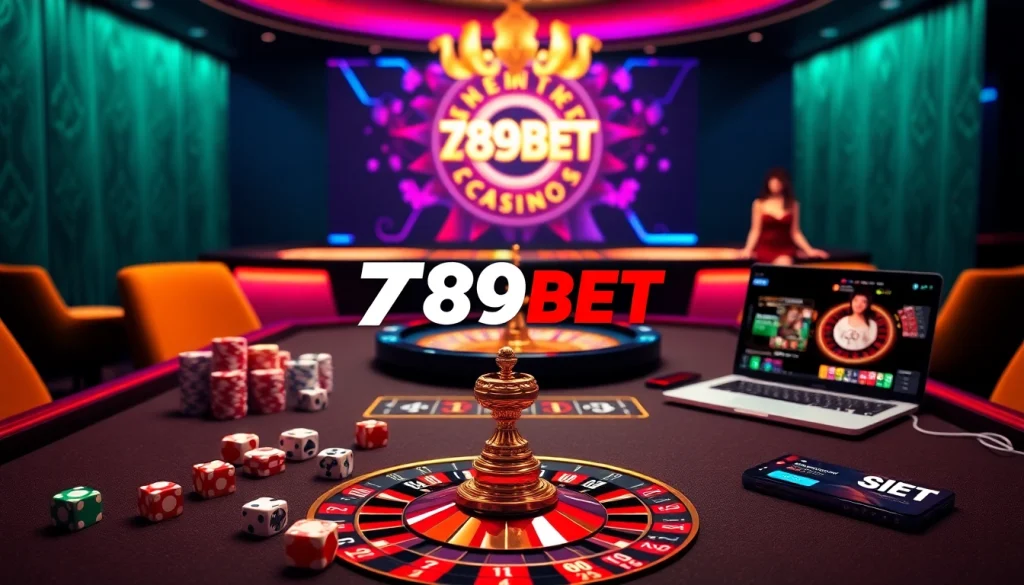 Players engaging with the 789BET logo in a vibrant, luxurious online casino setting.