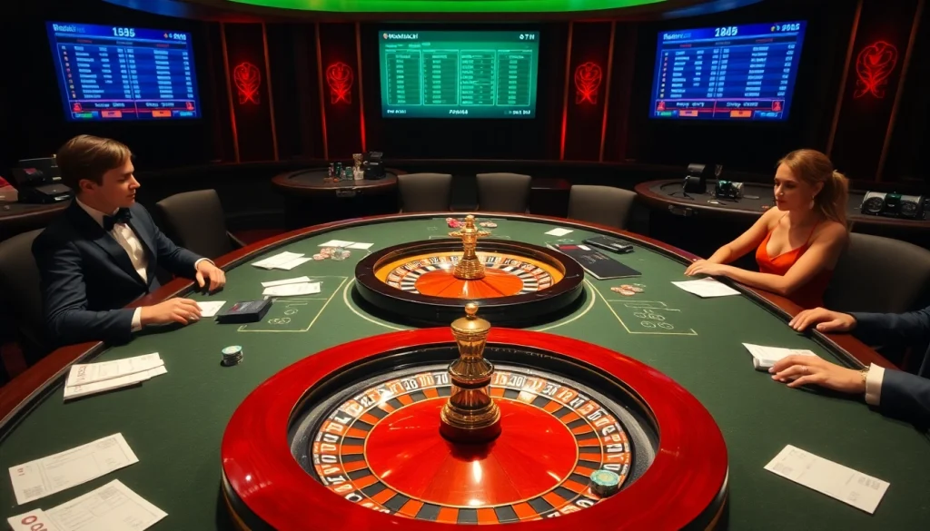 A vibrant casino scene showcasing keonhacai interface with betting slips and poker chips.