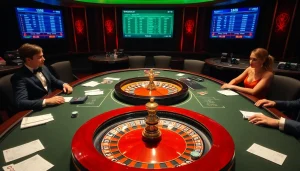A vibrant casino scene showcasing keonhacai interface with betting slips and poker chips.