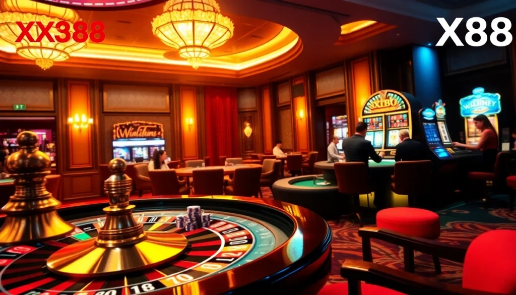 Exciting casino scene with XX88 branding featuring roulette wheels, poker chips, and lively players.