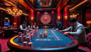 Experience the thrill of gaming at LC88 bio with vibrant casino visuals including roulette and poker.