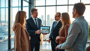 Real Estate consultation showcased with a professional agent and clients in a bright office.