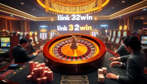 Excited gamblers enjoying the luxury of link 32win casino gaming with roulette and poker chips.