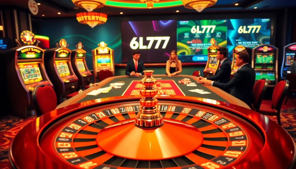 Players enjoying a game at a lively casino with 6L777 branding prominently displayed.