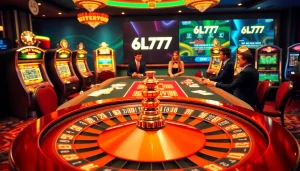 Players enjoying a game at a lively casino with 6L777 branding prominently displayed.