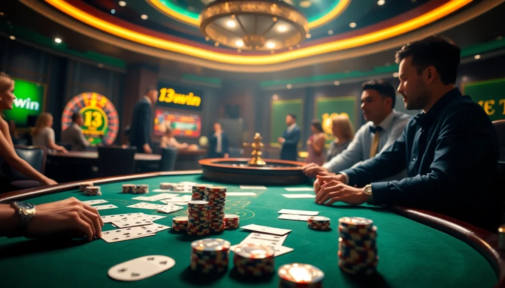 Engaged players experiencing excitement at the 13win casino table, combining luxury and thrill.