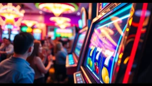 Rasakan keseruan bermain yuyu4d slot dengan mesin slot yang bercahaya dan pemain yang antusias.