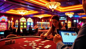 Vua99 casino scene featuring vibrant slot machines, betting interface, and engaged players.