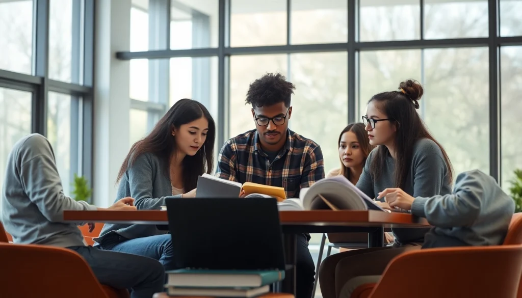 University students collaborating on their lucrari licenta in a modern study space, showcasing teamwork and academic integrity.