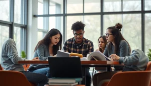 University students collaborating on their lucrari licenta in a modern study space, showcasing teamwork and academic integrity.
