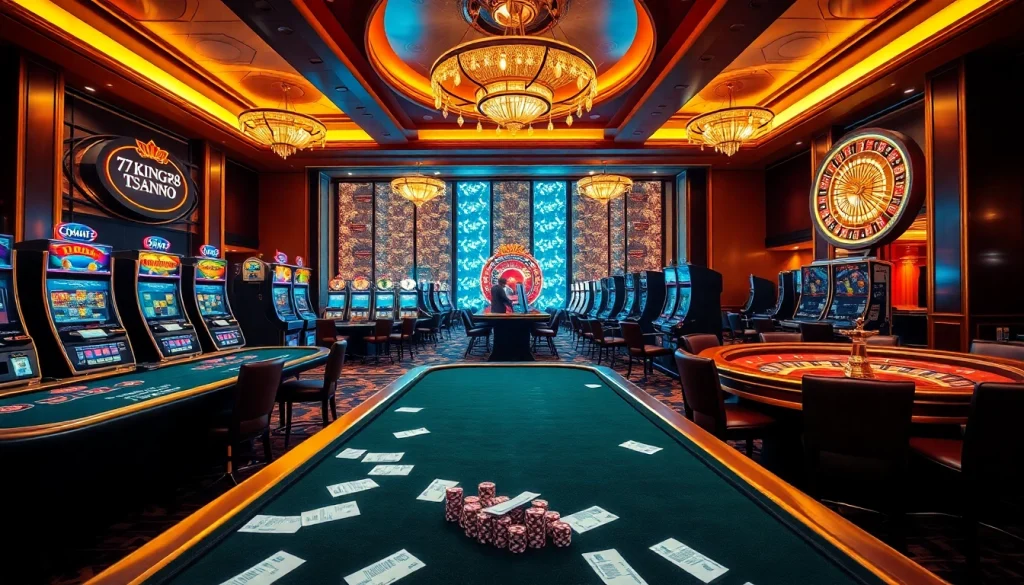 Players engaging in exciting bets at 79king78's luxurious casino atmosphere, with vibrant slot machines.