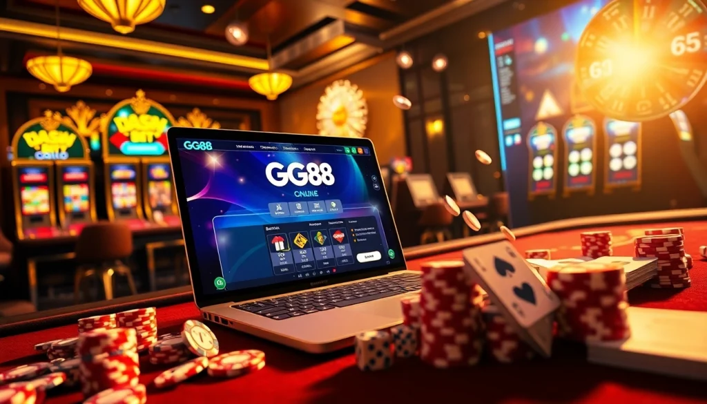 Experience the thrill of NHÀ CÁI GG88 with vibrant casino visuals and dynamic gaming elements.