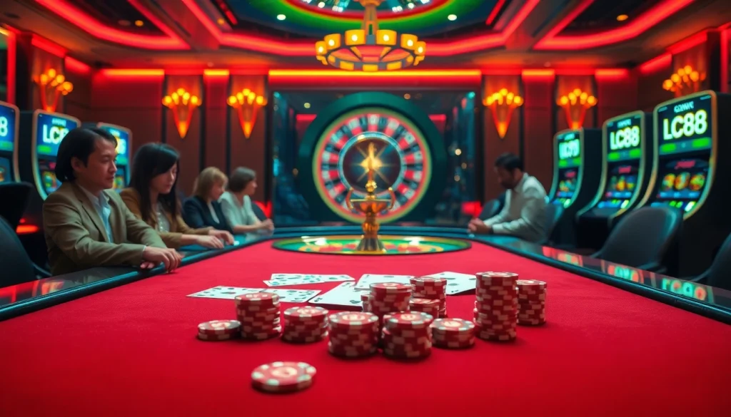 Gamblers enjoying poker at a luxurious casino with lc 88 elements, vibrant atmosphere, and engaging games.
