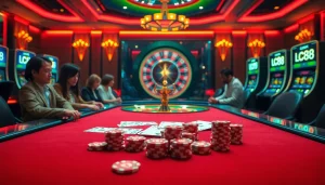Gamblers enjoying poker at a luxurious casino with lc 88 elements, vibrant atmosphere, and engaging games.