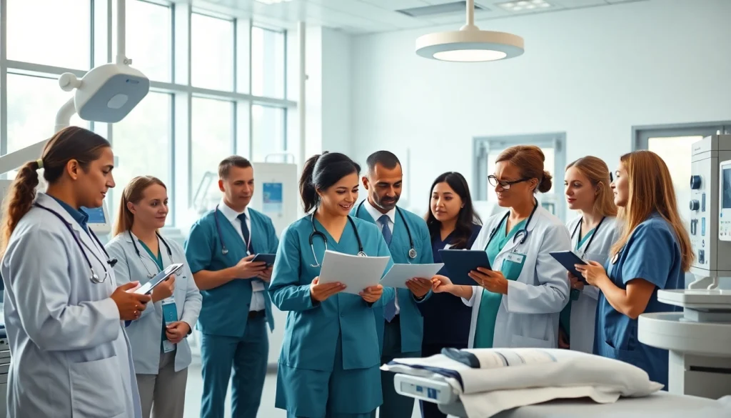Healthcare professionals discuss patient care at https://tweestedenziekenhuis.nl in a modern hospital.