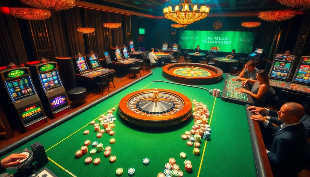 Tại F8bet showcases a luxurious casino environment with vibrant slot machines and engaging players.