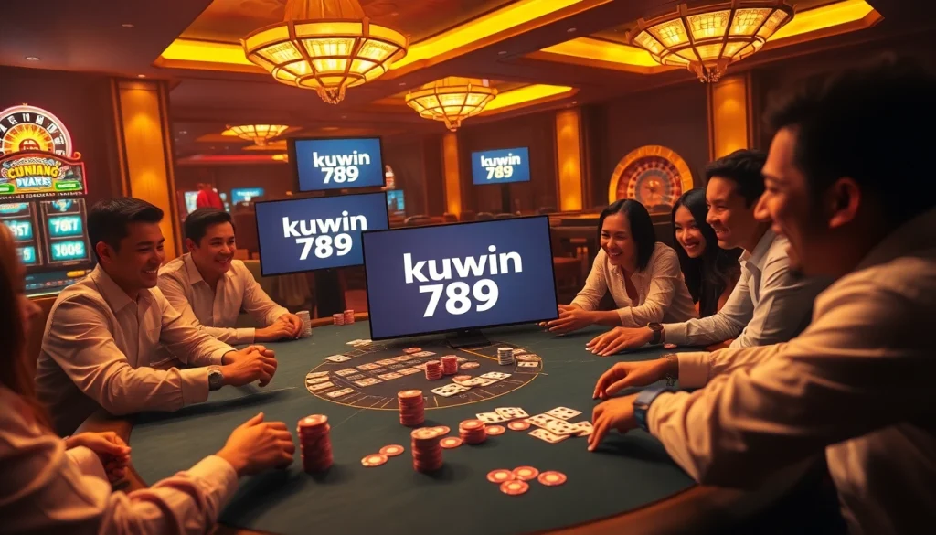 Kuwin 789 players engage with excitement at a vibrant gambling table, showcasing thrilling card games and dynamic betting actions.