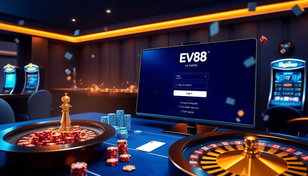 Experience EV88 đăng nhập with luxurious casino visuals featuring vibrant tables and interactive gaming elements.