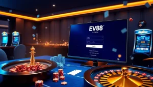 Experience EV88 đăng nhập with luxurious casino visuals featuring vibrant tables and interactive gaming elements.