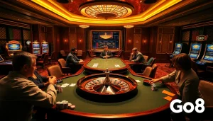 Exciting Go8 casino scene featuring poker table and roulette wheel in a luxurious setting.