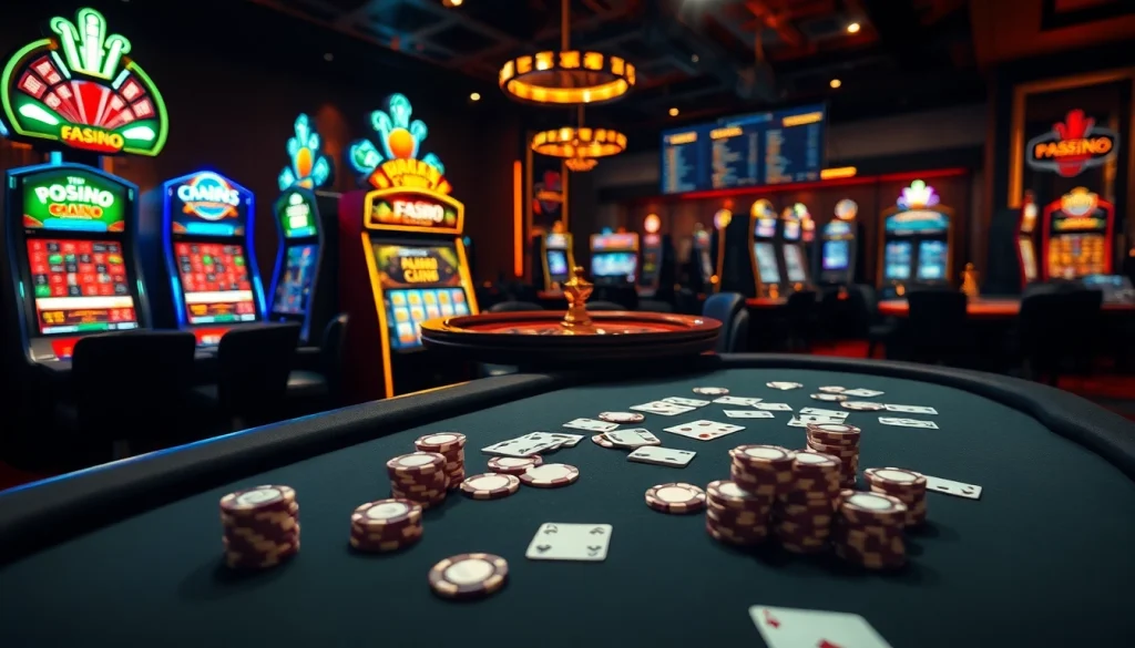 F168 casino scene depicting players engaging with roulette and poker tables amid a luxurious gaming atmosphere.