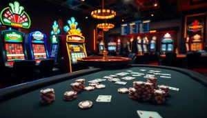 F168 casino scene depicting players engaging with roulette and poker tables amid a luxurious gaming atmosphere.