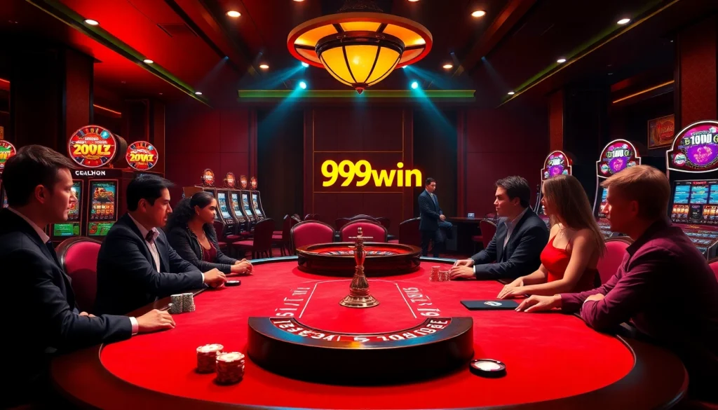 Players at a 99win poker table in a luxurious casino setting, showcasing vibrant action and excitement.