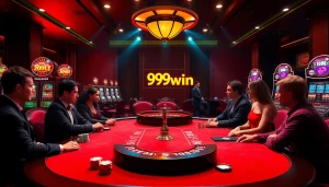 Players at a 99win poker table in a luxurious casino setting, showcasing vibrant action and excitement.