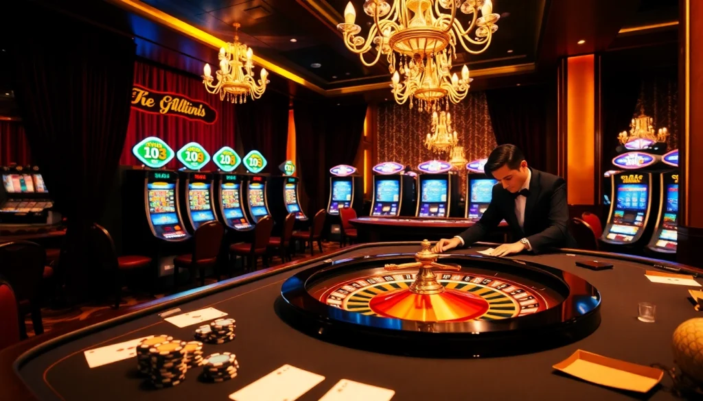 Bongdalu thrilling gambling scene featuring poker chips and roulette wheel in an elegant casino.