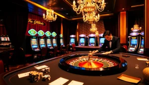Bongdalu thrilling gambling scene featuring poker chips and roulette wheel in an elegant casino.